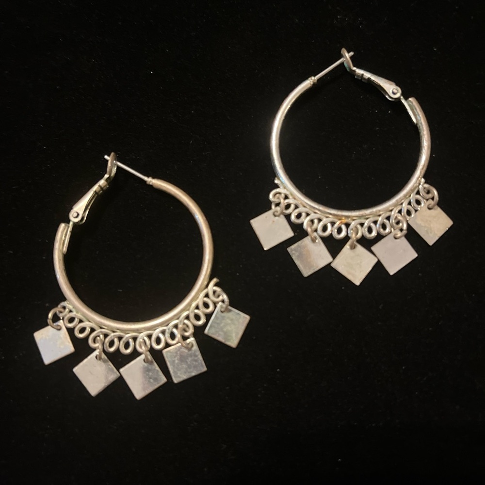 Silver Tone Square Hoops With Dangling Square Cha… - image 6